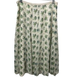 Vintage April Cornell Pleated Midi Skirt  in Cream Green Botanical Print